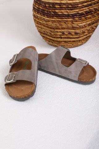 Land of Cork Mantar Taban Gri Deri Terlik