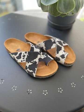 Land of Cork Parmak Arası Animal Cow Print Süet Deri Kadın Terlik – Anatomik Doğal Mantar Taban