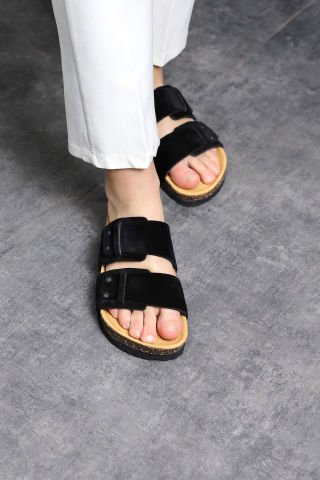 Land of Cork Anatomik Unisex Siyah Doğal Mantar Taban Hakiki Deri Terlik