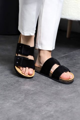 Land of Cork Anatomik Unisex Siyah Doğal Mantar Taban Hakiki Deri Terlik