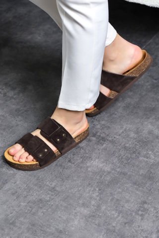Land of Cork Anatomik Unisex Acı Kahve Doğal Mantar Taban Hakiki Deri Terlik