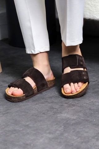 Land of Cork Anatomik Unisex Acı Kahve Doğal Mantar Taban Hakiki Deri Terlik