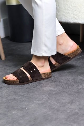 Land of Cork Anatomik Unisex Acı Kahve Doğal Mantar Taban Hakiki Deri Terlik