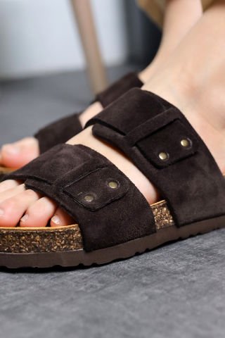 Land of Cork Anatomik Unisex Acı Kahve Doğal Mantar Taban Hakiki Deri Terlik