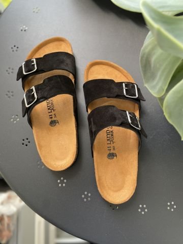 Land of Cork Unisex Ayarlanabilir Tokalı Süet Deri Terlik – Doğal Mantar Taban