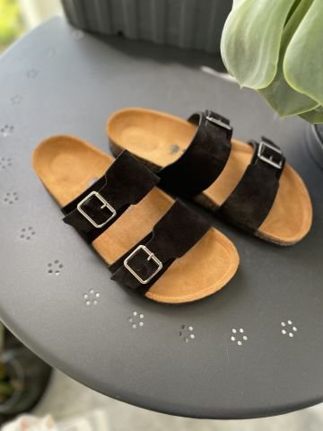 Land of Cork Unisex Ayarlanabilir Tokalı Süet Deri Terlik – Doğal Mantar Taban