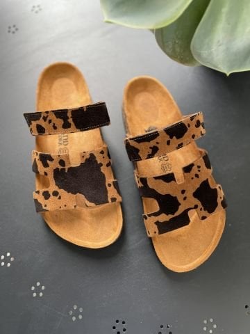 Land of Cork Animal Cow Print Süet Deri Kadın Terlik – Anatomik Doğal Mantar Taban