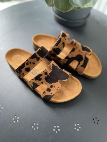 Land of Cork Animal Cow Print Süet Deri Kadın Terlik – Anatomik Doğal Mantar Taban