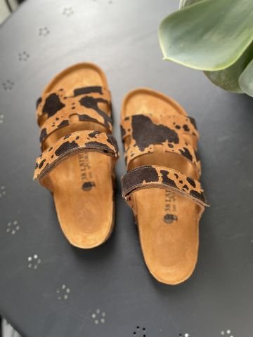 Land of Cork Animal Cow Print Süet Deri Kadın Terlik – Anatomik Doğal Mantar Taban