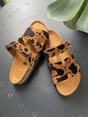 Land of Cork Animal Cow Print Süet Deri Kadın Terlik – Anatomik Doğal Mantar Taban