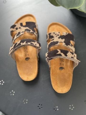 Land of Cork Animal Cow Print Süet Deri Kadın Terlik – Anatomik Doğal Mantar Taban