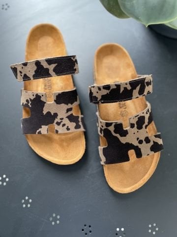 Land of Cork Animal Cow Print Süet Deri Kadın Terlik – Anatomik Doğal Mantar Taban