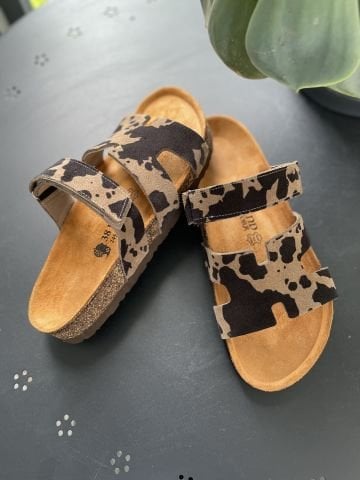 Land of Cork Animal Cow Print Süet Deri Kadın Terlik – Anatomik Doğal Mantar Taban