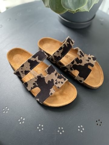 Land of Cork Animal Cow Print Süet Deri Kadın Terlik – Anatomik Doğal Mantar Taban