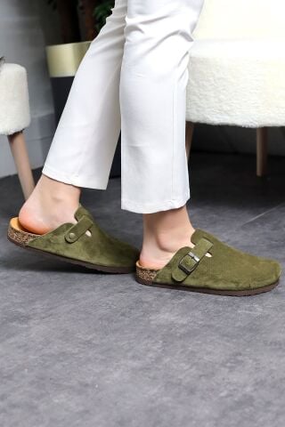 Land of Cork Anatomik Unisex Doğal Mantar Taban Hakiki Süet Deri Haki Kapalı terlik