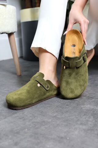 Land of Cork Anatomik Unisex Doğal Mantar Taban Hakiki Süet Deri Haki Kapalı terlik