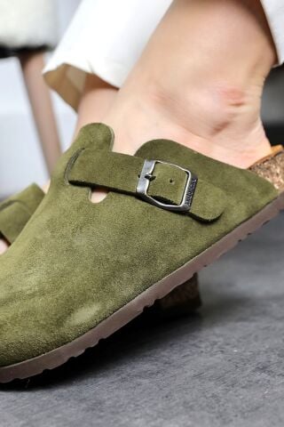 Land of Cork Anatomik Unisex Doğal Mantar Taban Hakiki Süet Deri Haki Kapalı terlik