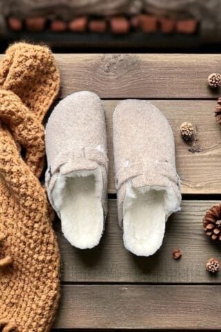 Land of Cork Doğal Mantar Tabanlı Unisex Terlik | Anatomik Ark Destekli | Gerçek Kürklü Keçe Ev Terliği