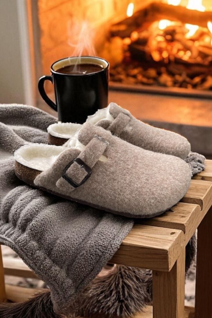 Land of Cork Doğal Mantar Tabanlı Unisex Terlik | Anatomik Ark Destekli | Gerçek Kürklü Keçe Ev Terliği