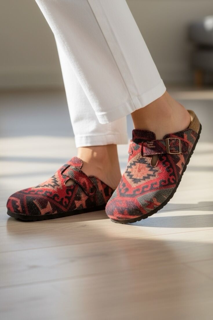 Land of Cork Doğal Mantar Tabanlı Unisex Terlik | Anatomik Ark Destekli | Kilim Desen Keçe Ev Terliği