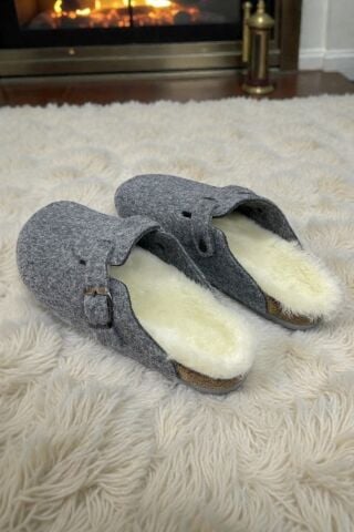 Land of Cork Anatomik Unisex Ark Destekli Hakiki Kürklü Mantar Taban Keçe Terlik