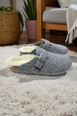 Land of Cork Anatomik Unisex Ark Destekli Hakiki Kürklü Mantar Taban Keçe Terlik