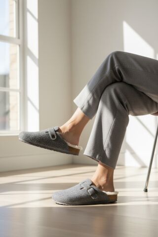 Land of Cork Anatomik Unisex Ark Destekli Hakiki Kürklü Mantar Taban Keçe Terlik