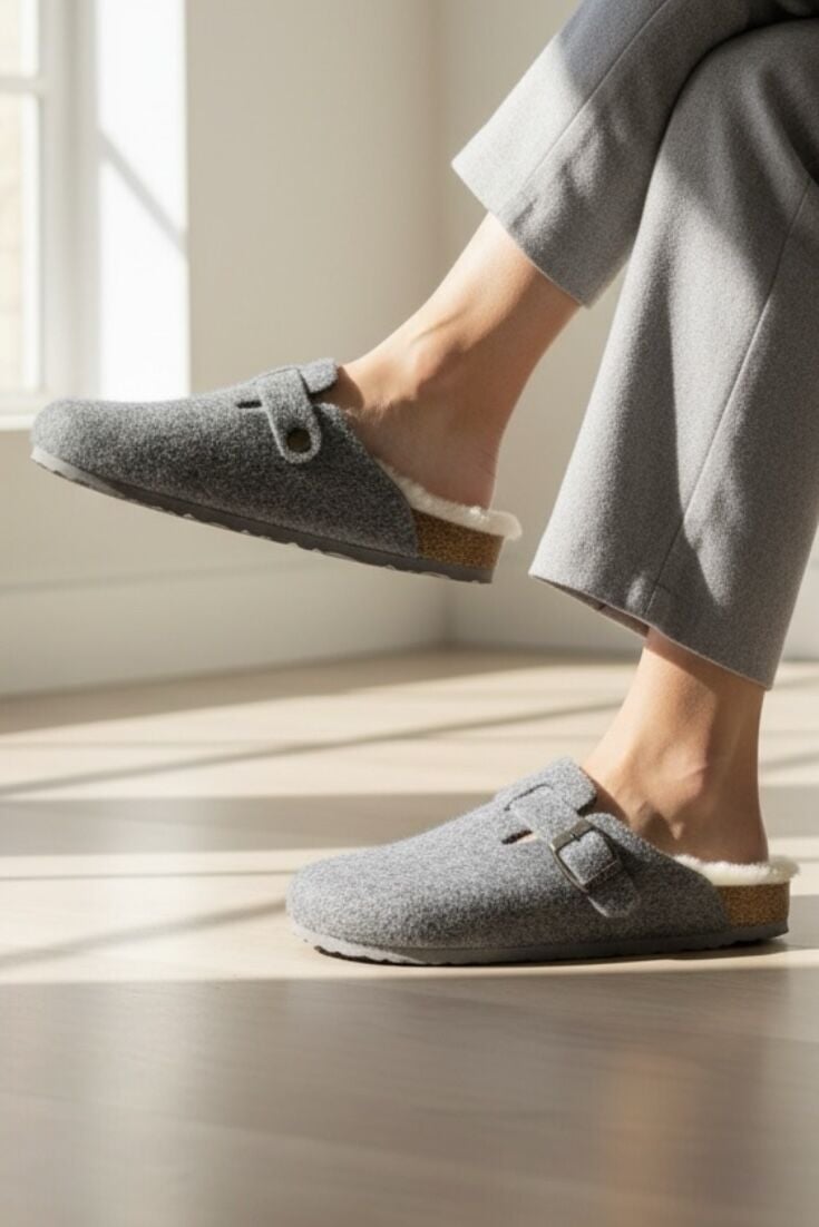 Land of Cork Anatomik Unisex Ark Destekli Hakiki Kürklü Mantar Taban Keçe Terlik