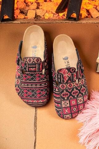 Land of Cork Doğal Mantar Tabanlı Unisex Terlik | Anatomik Ark Destekli | Kilim Desen Keçe Ev Terliği