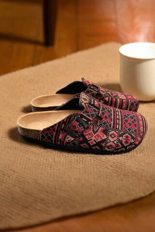 Land of Cork Doğal Mantar Tabanlı Unisex Terlik | Anatomik Ark Destekli | Kilim Desen Keçe Ev Terliği