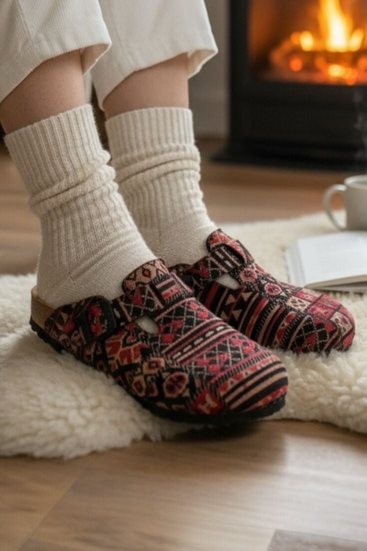 Land of Cork Doğal Mantar Tabanlı Unisex Terlik | Anatomik Ark Destekli | Kilim Desen Keçe Ev Terliği