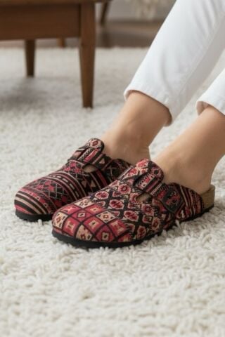 Land of Cork Doğal Mantar Tabanlı Unisex Terlik | Anatomik Ark Destekli | Kilim Desen Keçe Ev Terliği