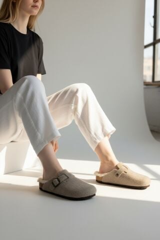 Land of Cork Anatomik Unisex Ark Destekli Hakiki Kürklü Mantar Taban Keçe Terlik