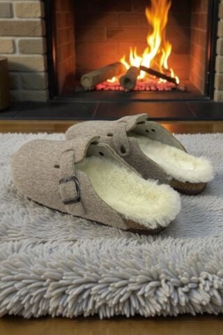 Land of Cork Anatomik Unisex Ark Destekli Hakiki Kürklü Mantar Taban Keçe Terlik