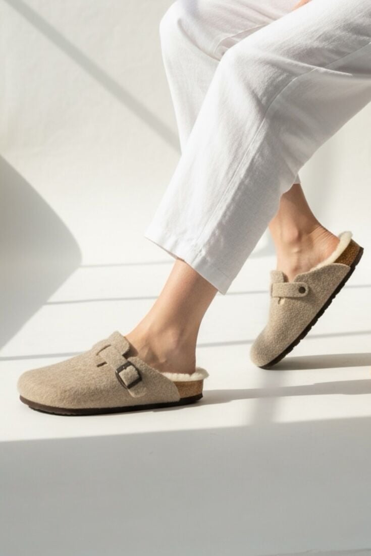 Land of Cork Anatomik Unisex Ark Destekli Hakiki Kürklü Mantar Taban Keçe Terlik