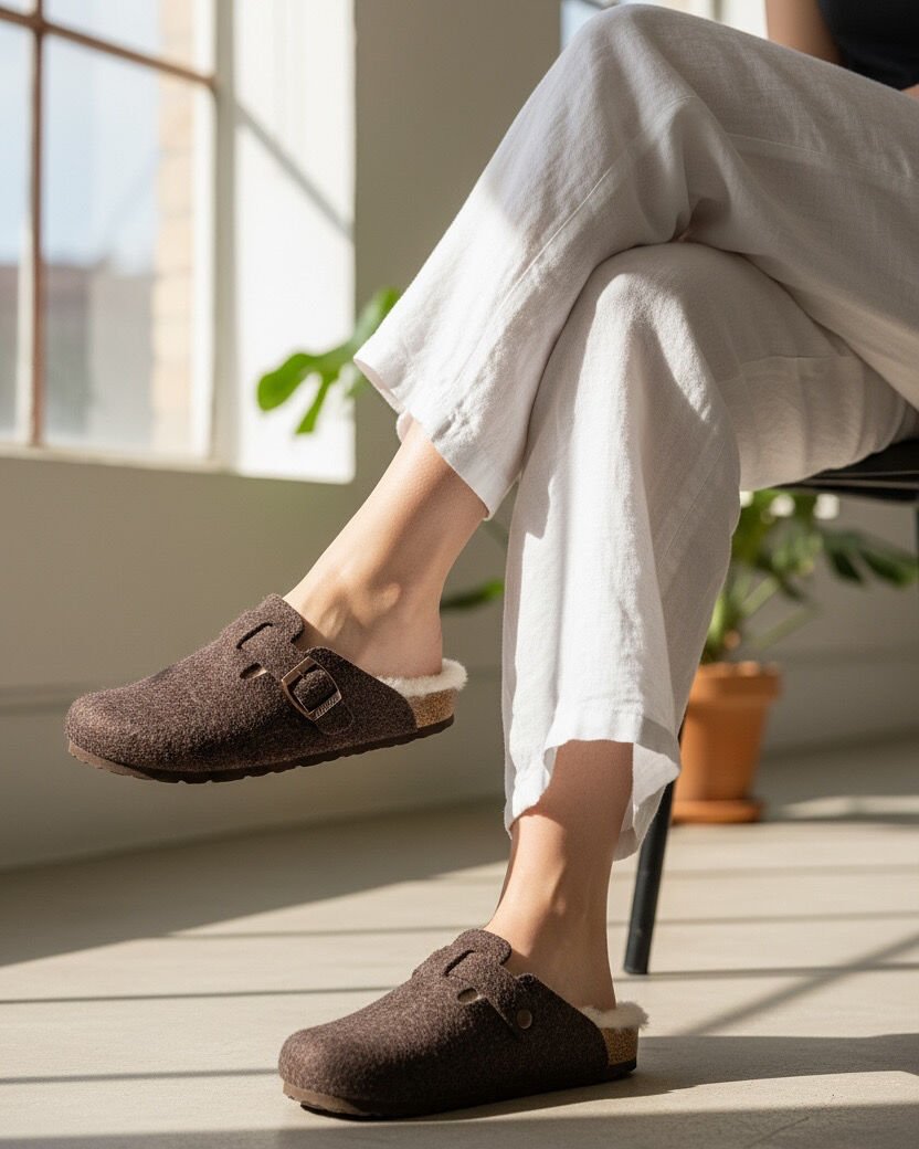 Land of Cork Anatomik Unisex Ark Destekli Hakiki Kürklü Mantar Taban Keçe Terlik