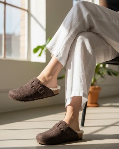 Land of Cork Anatomik Unisex Ark Destekli Hakiki Kürklü Mantar Taban Keçe Terlik