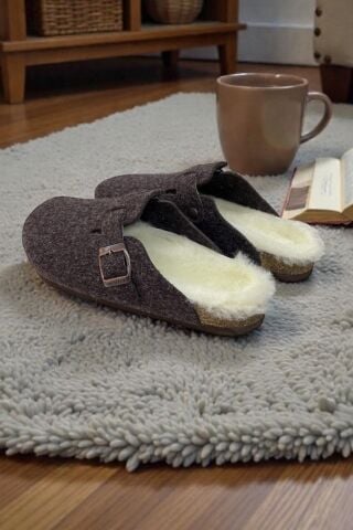 Land of Cork Anatomik Unisex Ark Destekli Hakiki Kürklü Mantar Taban Keçe Terlik