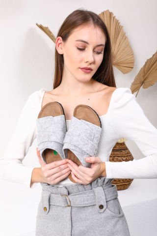 Land of Cork Mantar Taban Gri Keçe Terlik