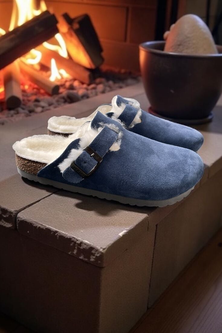 Land of Cork Anatomik Ark Destekli Unisex Hakiki Süet Deri Kürklü Kapalı Terlik | Doğal Mantar Tabanlı Ortopedik Ev Terliği