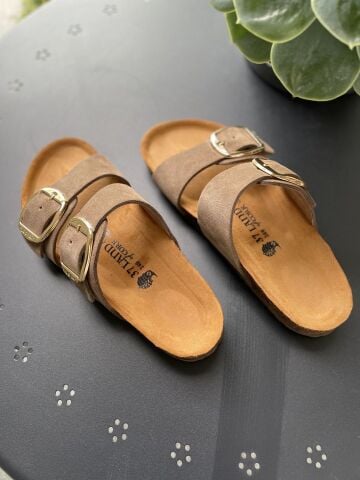 Land of Cork Anatomik Doğal Mantar Taban Büyük Toka Hakiki Süet Deri Terlik