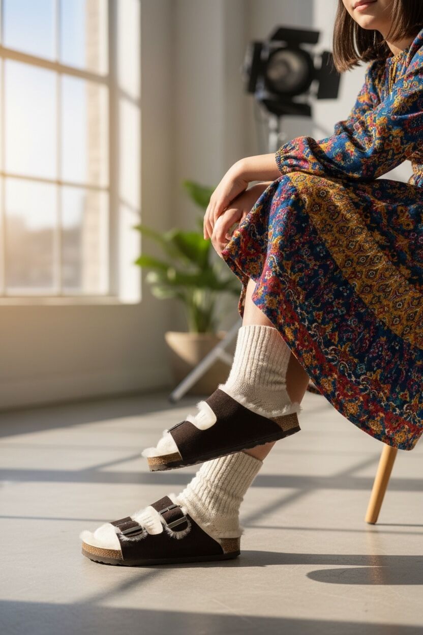 Land of Cork LC Çocuk Anatomik Terlik | Acı Kahve | Doğal Mantar Taban | Hakiki Kürklü Deri | Unisex