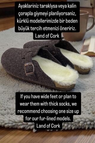 Land of Cork LC Çocuk Anatomik Terlik | Acı Kahve | Doğal Mantar Taban | Hakiki Kürklü Deri | Unisex