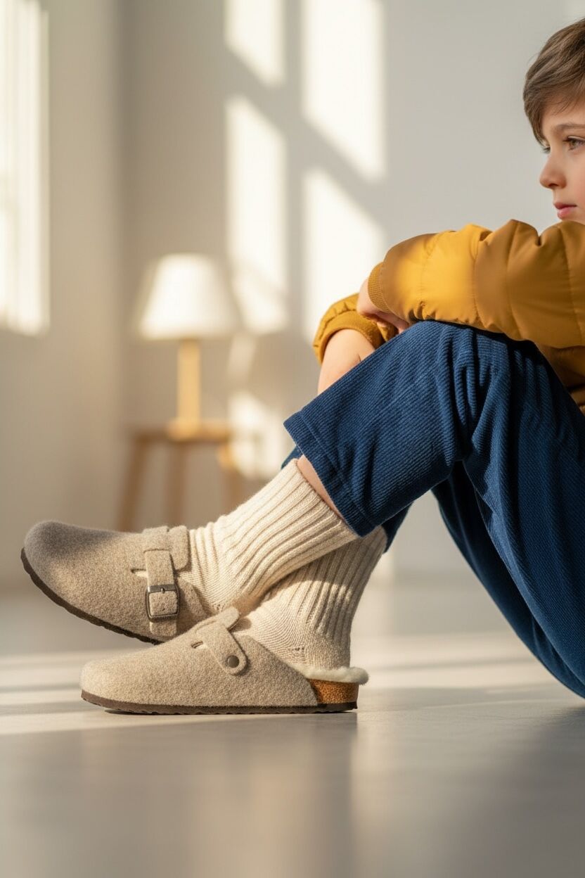 Land of Cork Çocuk Anatomik Kürklü Keçe Yün Terlik | Doğal Mantar Tabanlı, Ark Destekli, Sıcak ve Konforlu