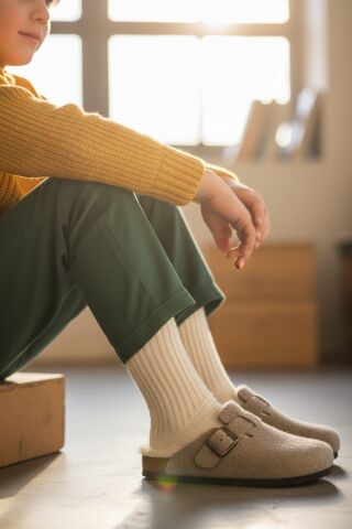 Land of Cork Çocuk Anatomik Kürklü Keçe Yün Terlik | Doğal Mantar Tabanlı, Ark Destekli, Sıcak ve Konforlu
