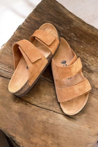 Land of Cork Unisex Hakiki Süet Deri, Doğal Mantar Taban, Ark Destekli, Cırtlı Ayarlanabilir Sandalet