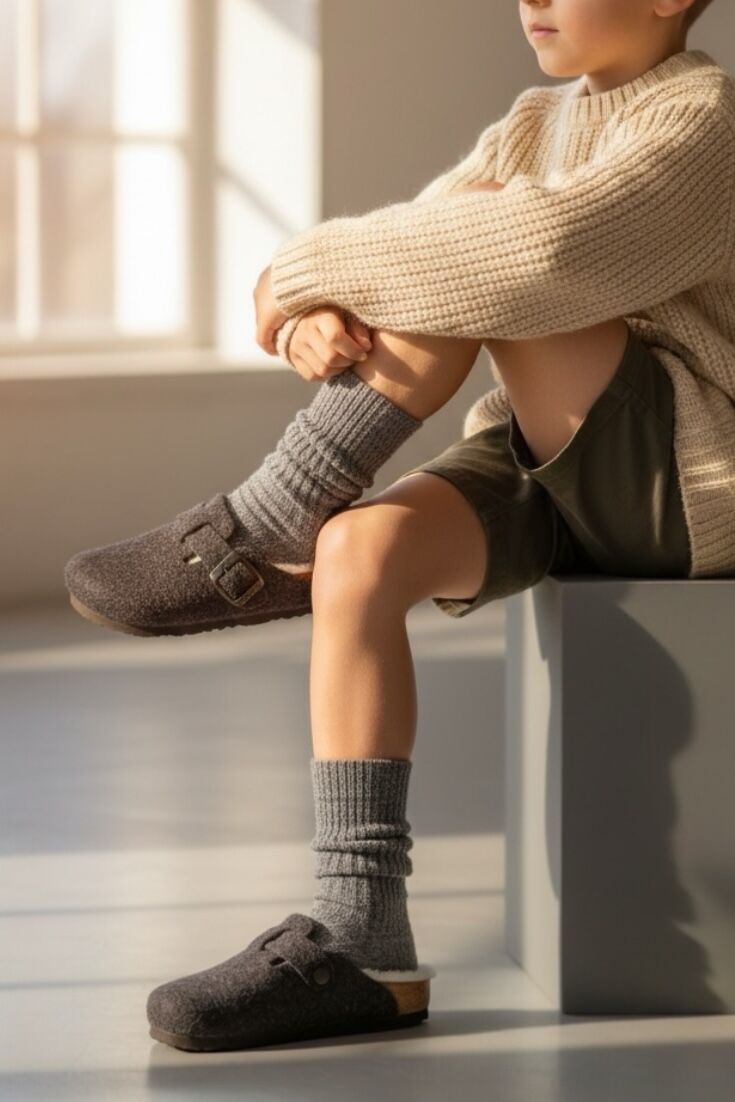 Land of Cork Çocuk Anatomik Kürklü Keçe Yün Terlik | Doğal Mantar Tabanlı, Ark Destekli, Sıcak ve Konforlu