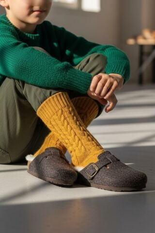 Land of Cork Çocuk Anatomik Kürklü Keçe Yün Terlik | Doğal Mantar Tabanlı, Ark Destekli, Sıcak ve Konforlu