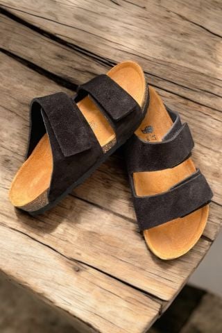 Land of Cork Unisex Hakiki Süet Deri, Doğal Mantar Taban, Ark Destekli, Cırtlı Ayarlanabilir Sandalet