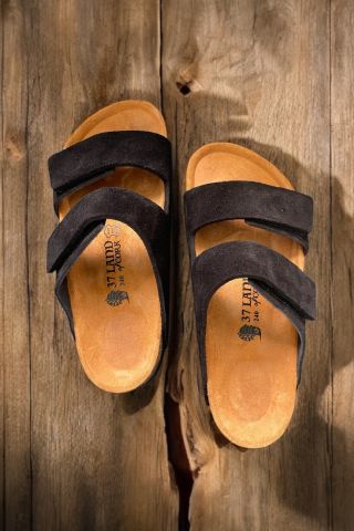 Land of Cork Unisex Hakiki Süet Deri, Doğal Mantar Taban, Ark Destekli, Cırtlı Ayarlanabilir Sandalet